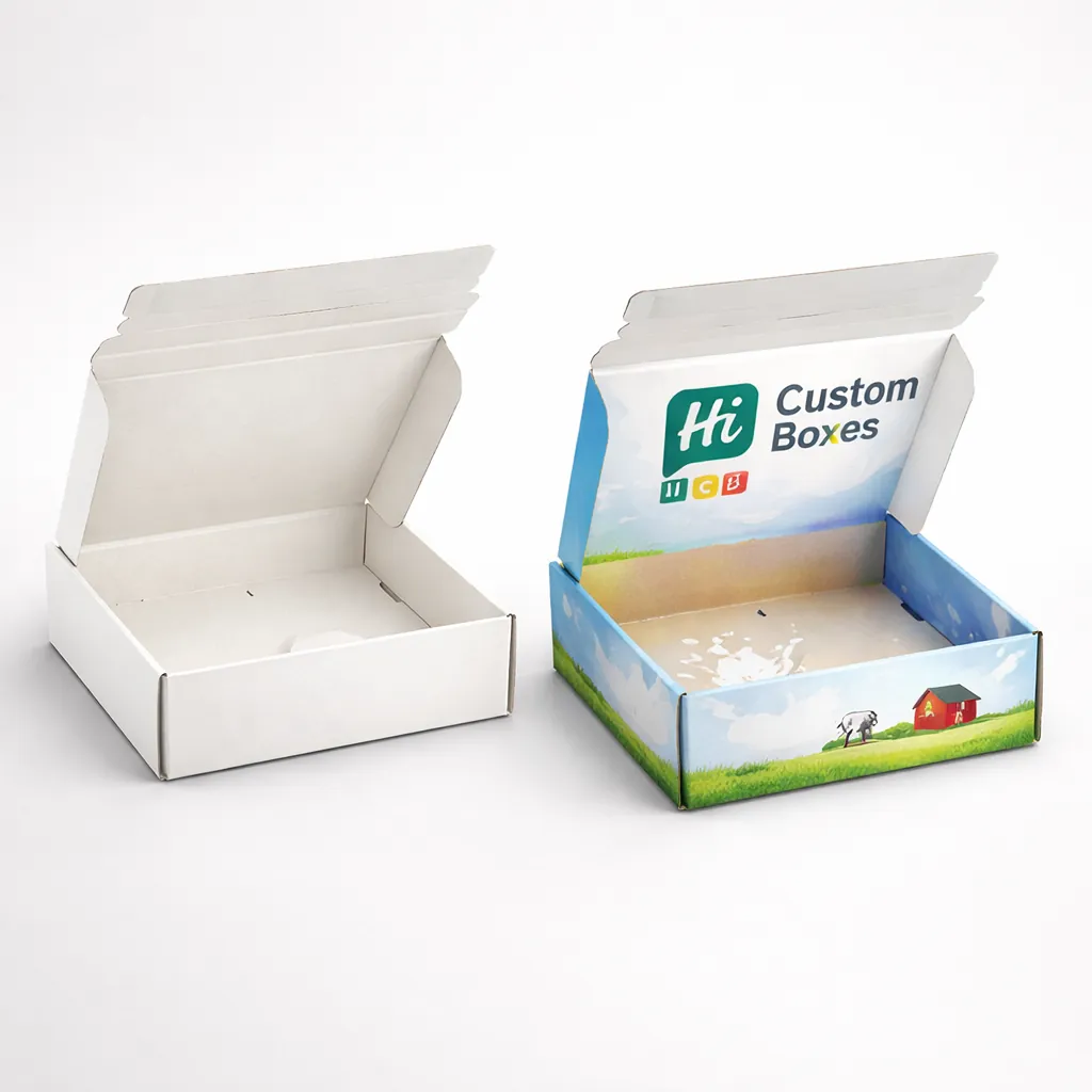 Two large corrugated cardboard boxes, one plain white and one with blue and green dairy branding. class=